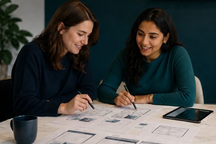 Two people planning website page content across printed page layouts