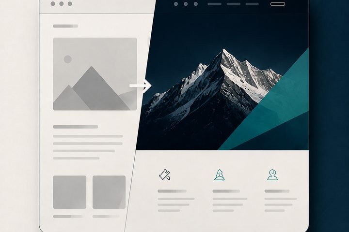 A dated website layout shown beside its modernised redesign