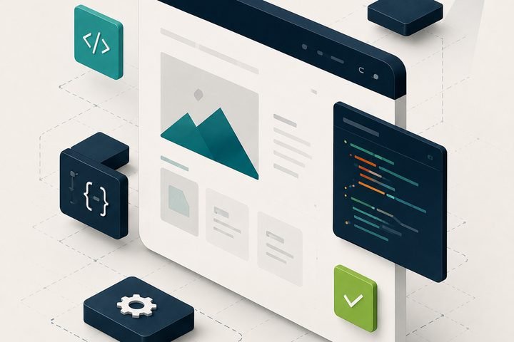Illustration of a website being assembled from design and code components