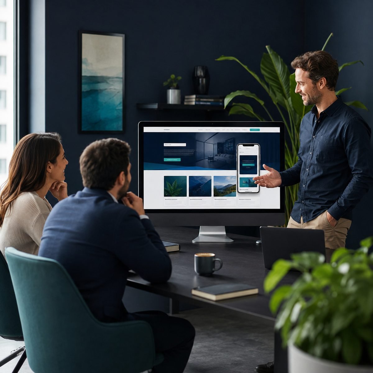 Presenting a finished website design to clients on a large screen